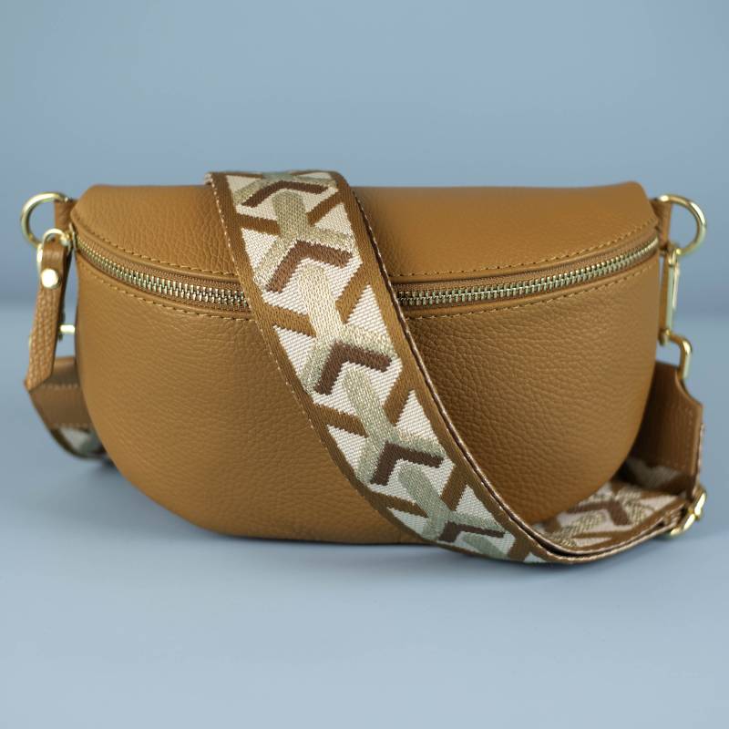 Umhängetasche Aus Cognacfarbenem Leder Mit Gemustertem Riemen - Made in Italy von LaBellaLeather