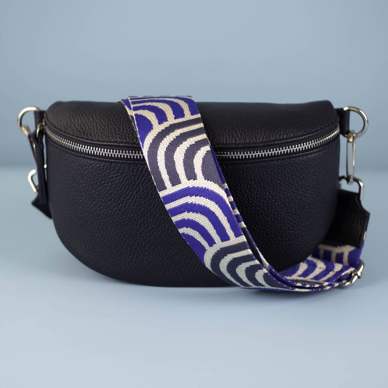Navy Leder Crossbody Bag Gemusterter Riemen, Silberfarbene Metallteile von LaBellaLeather