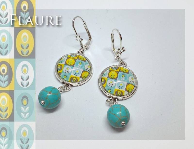 Cabochon-Ohrringe „Seventies Flowers", Cabochon-Schmuck, Cabochons, Türkis, Geschenkschmuck von LaBoutiquedeFlaure
