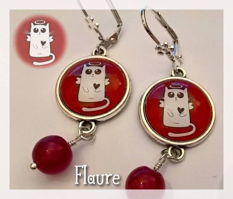 Cabochon-Ohrringe "Red Angel Cat", Cabochon-Schmuck, Cabochon, Achat, Katze, Katzenschmuck, Engelskatze, Geschenkidee von LaBoutiquedeFlaure