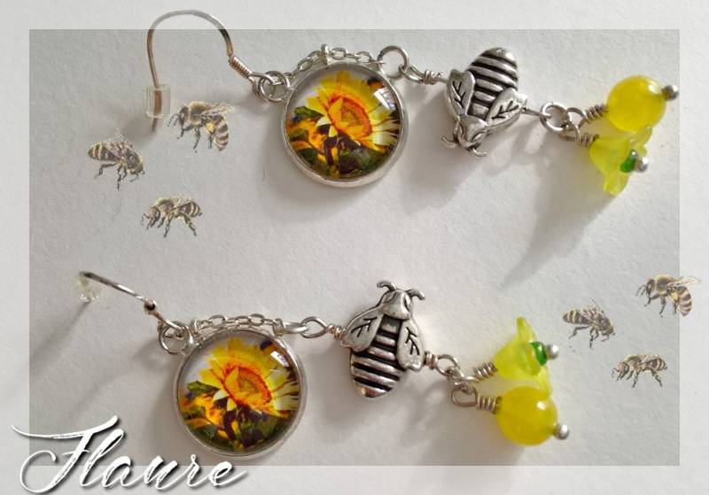 Cabochon-Ohrringe "Sonnenblume Und Biene", Bienen, Bienenschmuck, Cabochon-Schmuck, Cabochons, Jade, Sonnenblume, Geschenkschmuck von LaBoutiquedeFlaure