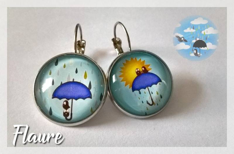 Große Cabochon-Ohrringe "Vögel Im Regen", Schläfer, Cabochon-Schmuck, Cabochon-Ohrringe, Vogelschmuck, Geschenk von LaBoutiquedeFlaure