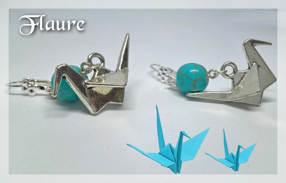 Origami-Kranich Und Türkisfarbene Perlenohrringe, Origami-Schmuck, Türkis, Geschenkschmuck von LaBoutiquedeFlaure