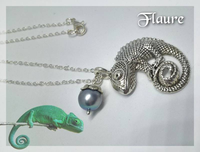 Silberkette "Chamäleon" Und Zuchtperlen, Zuchtperlenschmuck, Chamäleonschmuck, Geschenkidee von LaBoutiquedeFlaure