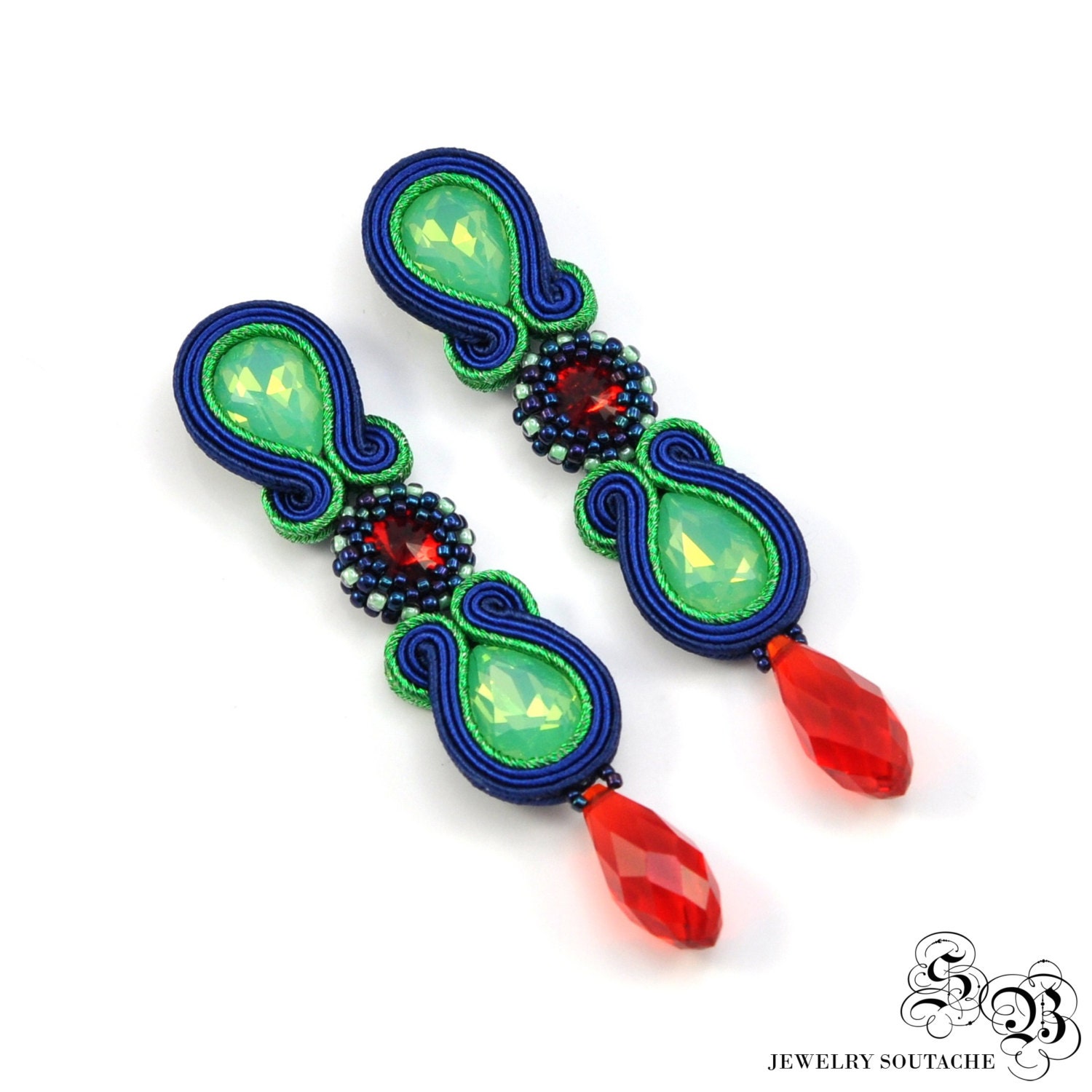 Soutache Ohrringe Blau, Grün, Roter Kristallperlenschmuck Soutache Ohrringe Blau, Grün, Roter Kristallperlenschmuck von LaCannet