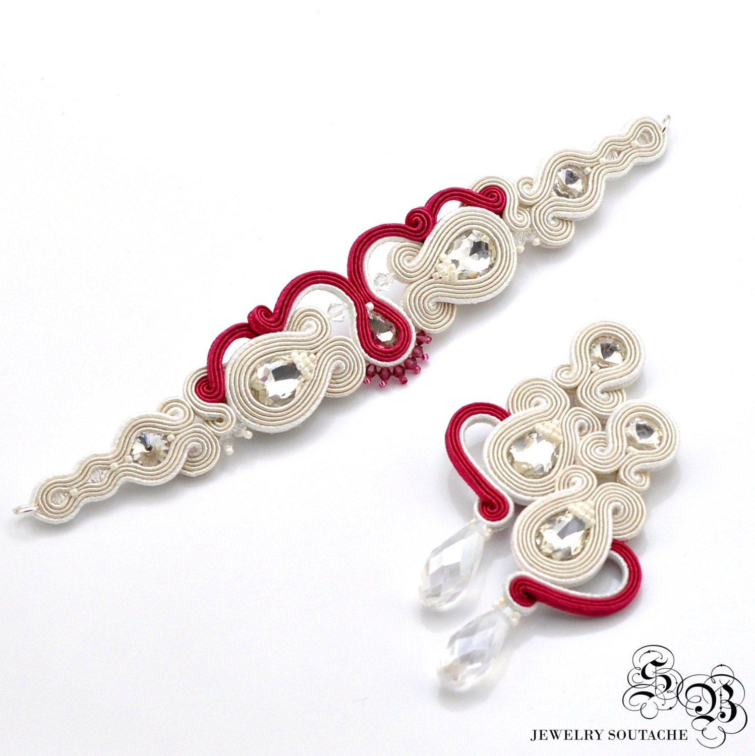Soutache Brautschmuck Set Kristall Ecru Magenta Armband & Ohrringe Soutache Brautschmuck Set Kristall Ecru Magenta Armband & Ohrringe von LaCannet