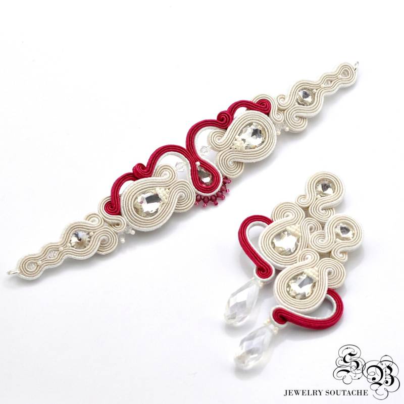 Soutache Brautschmuck Set Kristall Ecru Magenta Armband & Ohrringe Soutache Brautschmuck Set Kristall Ecru Magenta Armband & Ohrringe von LaCannet