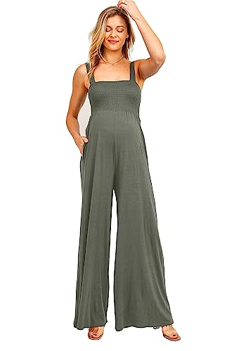 Damen Umstandsmode Ärmellos Jumpsuit Strampler mit gesmoktem Ausschnitt und Taschen, Grün , Large von LaClef