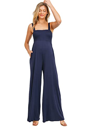 Damen Umstandsmode Ärmellos Jumpsuit Strampler mit gesmoktem Ausschnitt und Taschen, navy, X-Large von LaClef