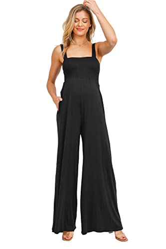 Damen Umstandsmode Ärmellos Jumpsuit Strampler mit gesmoktem Ausschnitt und Taschen, schwarz, Small von LaClef