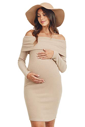 LaClef Damen Umstandskleid, schulterfrei, gestrickt - Beige - Groß von LaClef