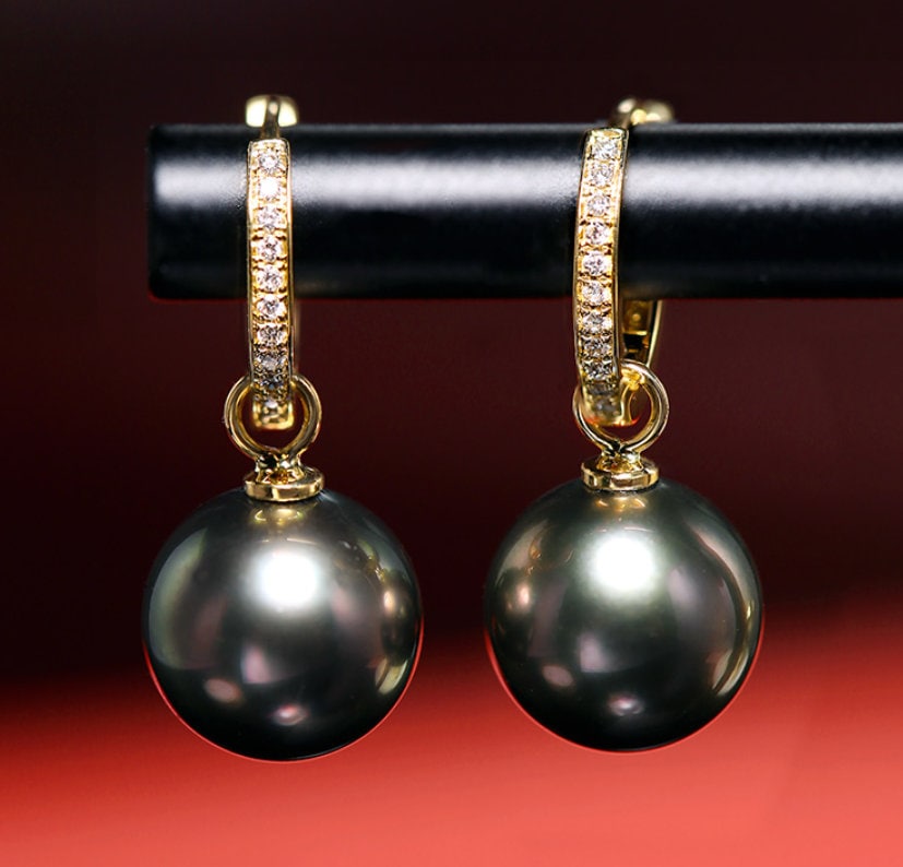 10mm Natürliche Tahitiperlen & Weißer Diamant 18K Solid Gelbgold Schwarze Perle Ohrringe, Meerwasser Pfau Grüne Geschenkidee von LaCorserArtJewelry