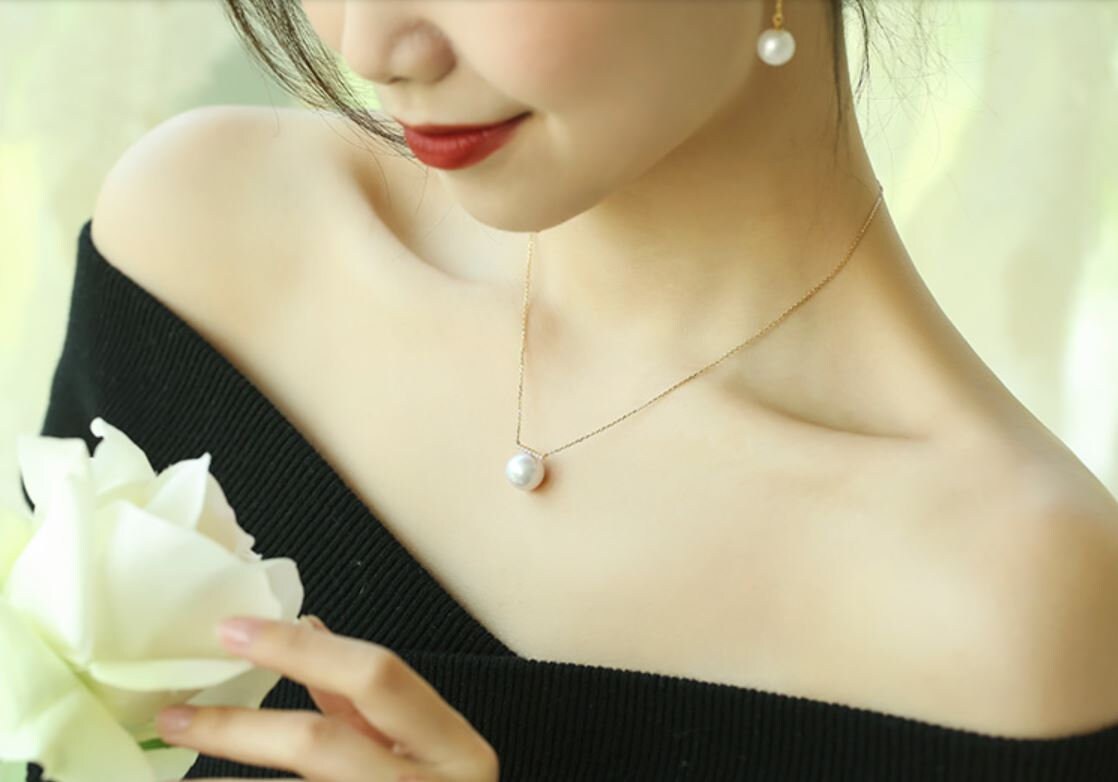 12mm Natürliche Hochglanz Weiße Perlenkette Handgemachte 18K Solide Gelbgold Perlenkette, Süßwasser Jahrestagsgeschenk von LaCorserArtJewelry