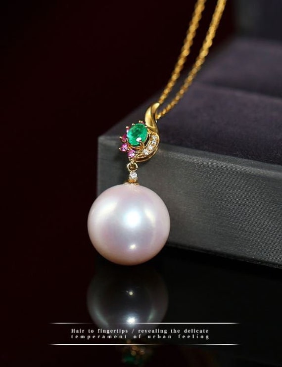 15mm Natürliche Hochglanz Weiße Perle & Smaragd, Rubin Halskette Handgemachte 18K Gelbgold Perlenkette, Jubiläum Geschenkidee von LaCorserArtJewelry