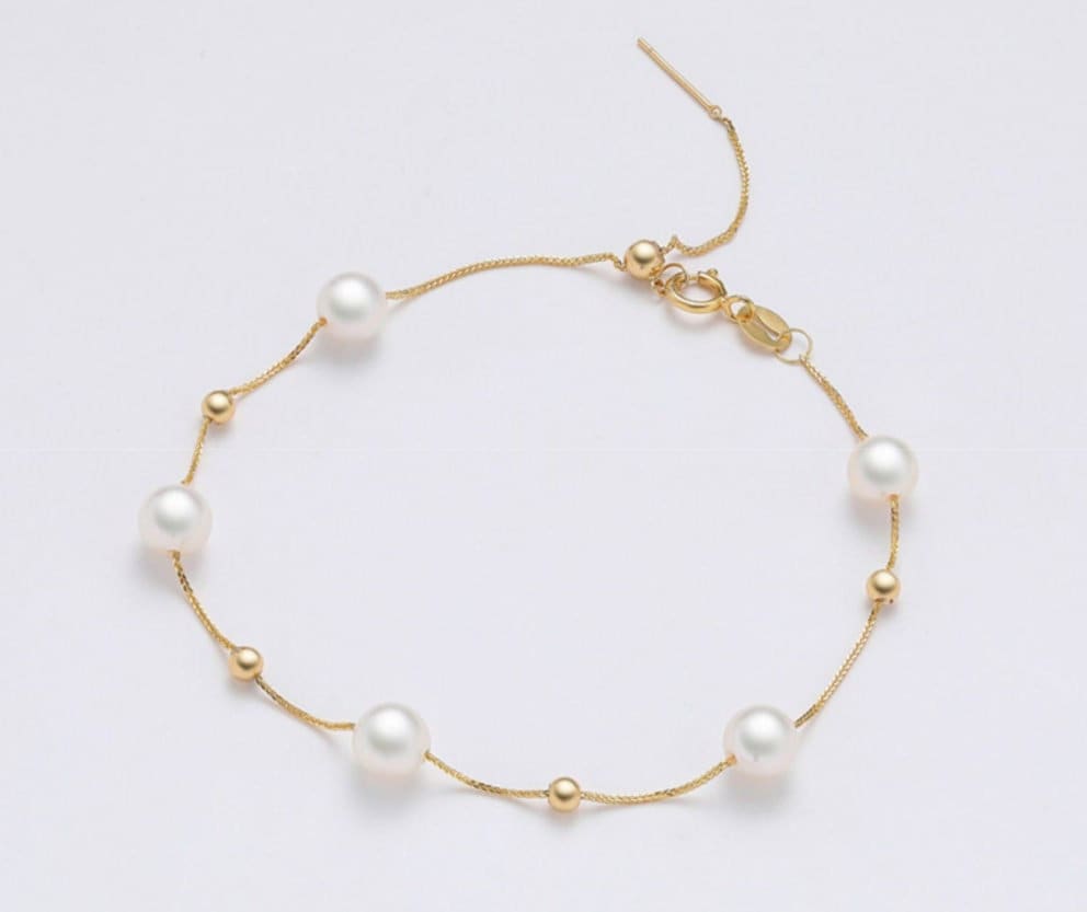 7mm Natürliche Hochglanz Weiß Perle Handgemachte 18K Solid Gelbgold Perlen Armbänder, Rosa Perlenarmbänder, Geschenkidee von LaCorserArtJewelry