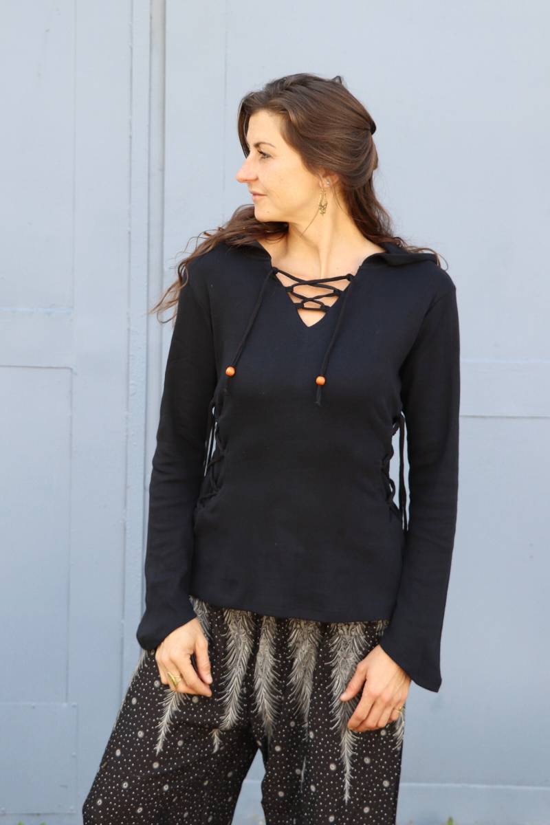 Pullover Mit Schnürung Und Zipfelkapuze Schwarz Mittelalter Elfen Hexen Pixie von LaCozyShop