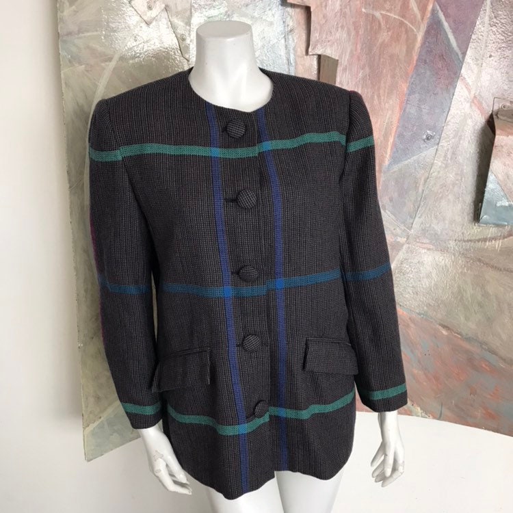 Jahrgang C " Est Simone Tweed Wolle Gestreift Womens Blazer Jacke Sz Medium von LaCroisette