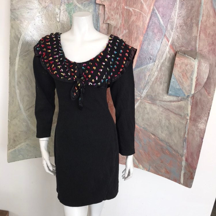 Jahrgang Modet California Regenbogen Mehrfarbig Schwarz Stretch Kleid Sz Kleine von LaCroisette