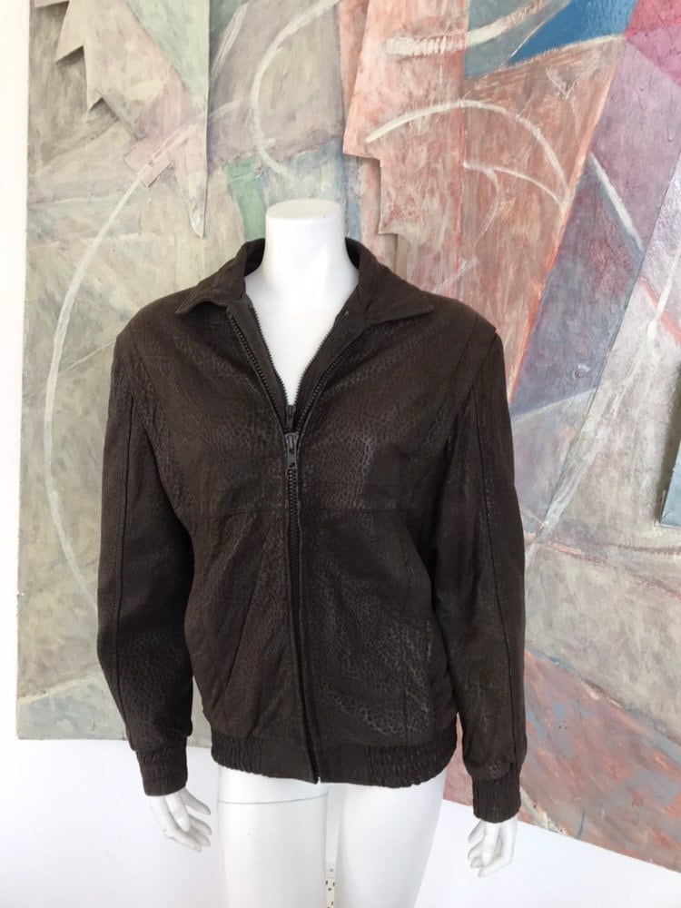 Vintage Andrew Marc Brown Leder Geprägt Herren Jacke Mantel Größe Medium von LaCroisette