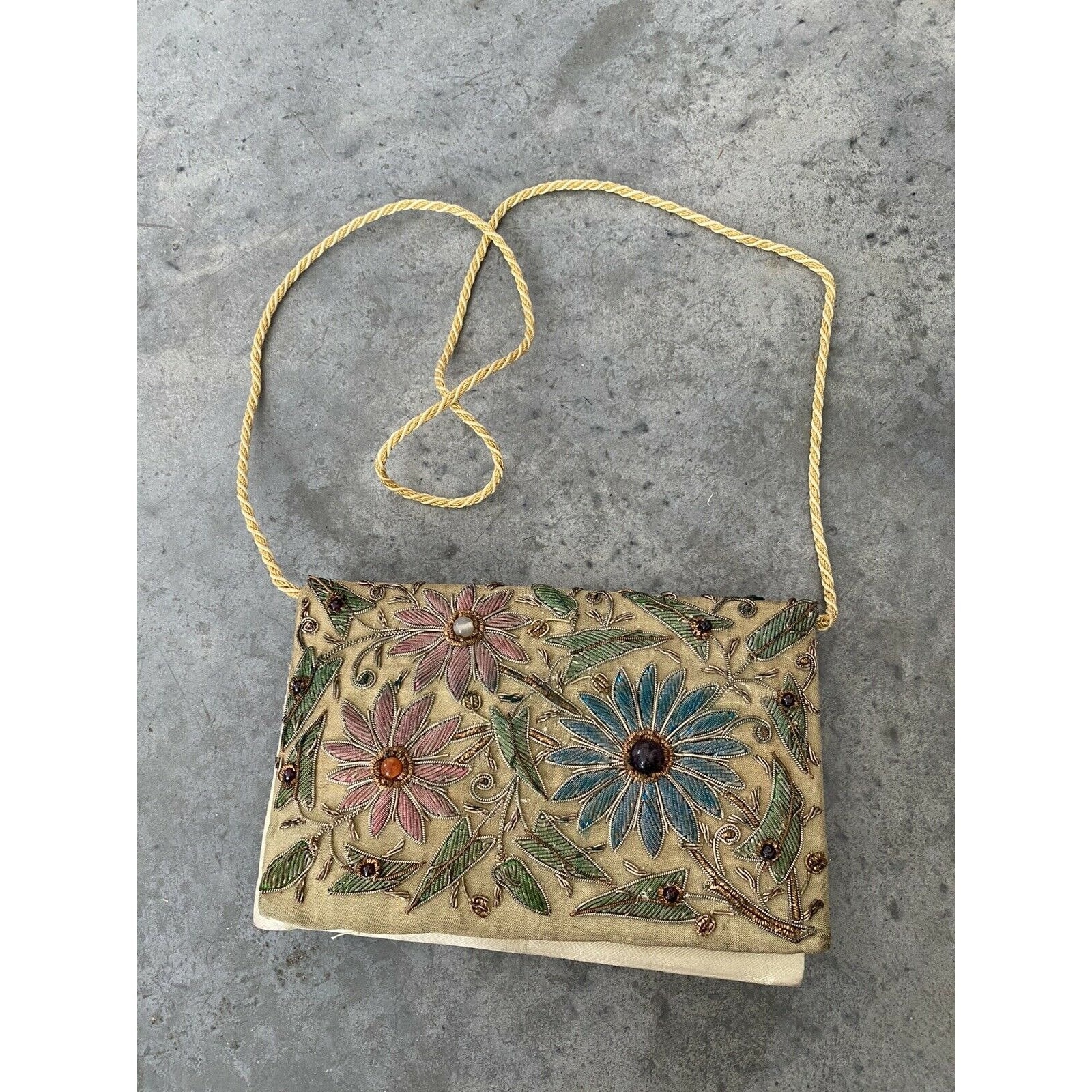 Vintage Florale Tasche Perlen Metallic 1970Er Gold Geldbörse Seide Satin 8" X 6" von LaCroisette