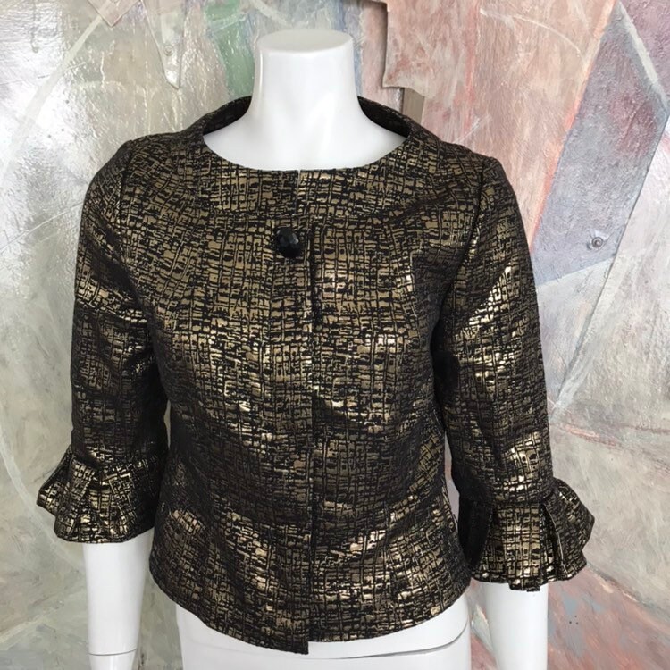 Vintage Victor Costa Gold Metallic Black Blazer Ruffle Romantic Jacket Sz 6 von LaCroisette