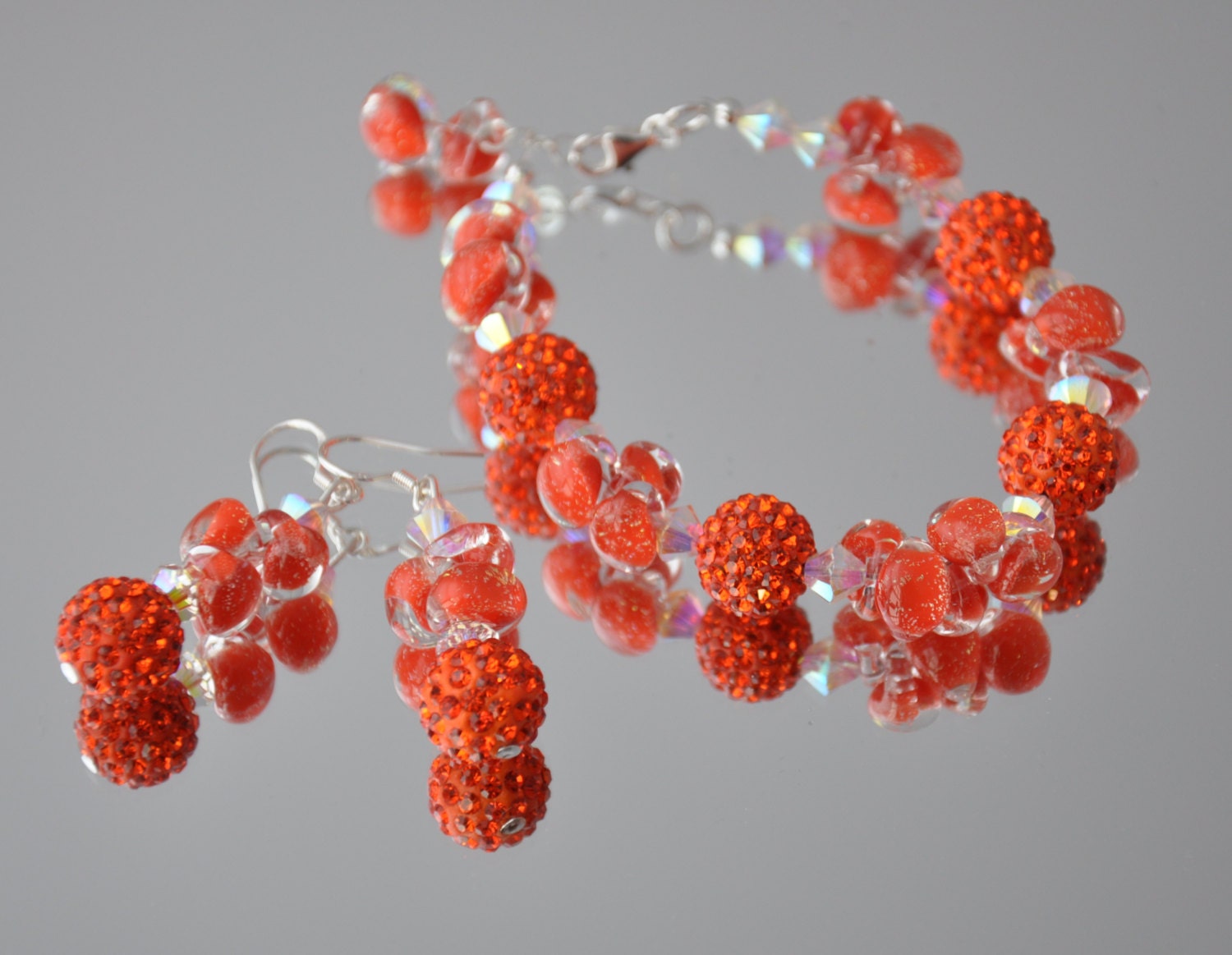 Schmuck, Armband & Ohrring Set, Orange, Borosilikat, Swarovski Kristall, Handgemacht, Sterling Silber, Pave, Strass, Beach Schmuck, Armband & Ohrring Set, Orange, Borosilikat, Swarovski Kristall, Handgemacht, Sterling Silber, Pave, Strass, Beach von LaDiDisDesigns