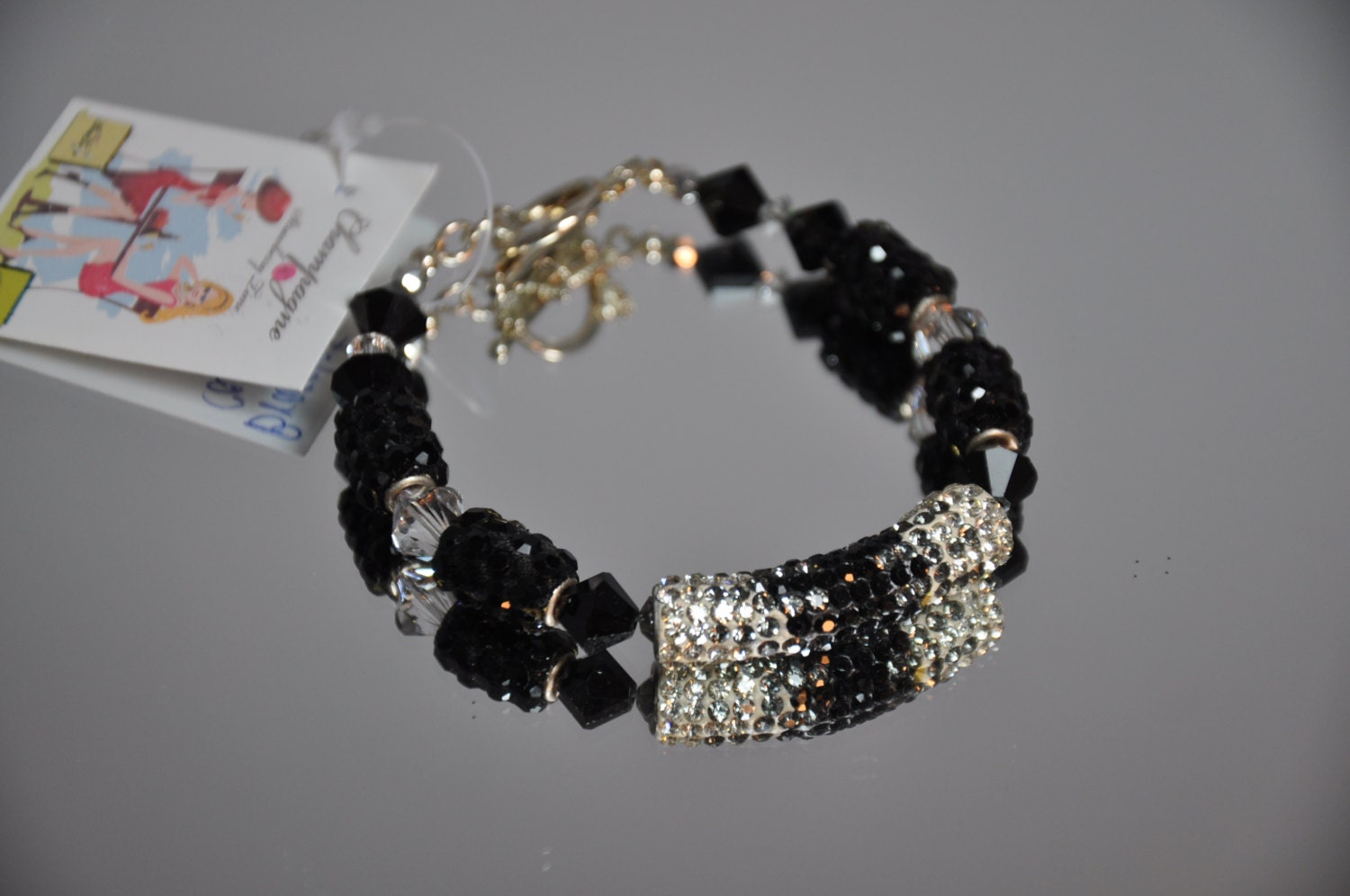 Schwarzer Kristall & Strass Armband, Rohr Form Perlen, Swarovski-Kristall, Murati, , Sterling Silber, Schwarz, Crystal, Klaviertasten Schwarzer Kristall & Strass Armband, Rohr Form Perlen, Swarovski-Kristall, Murati, , Sterling Silber, Schwarz, Crystal, Klaviertasten von LaDiDisDesigns