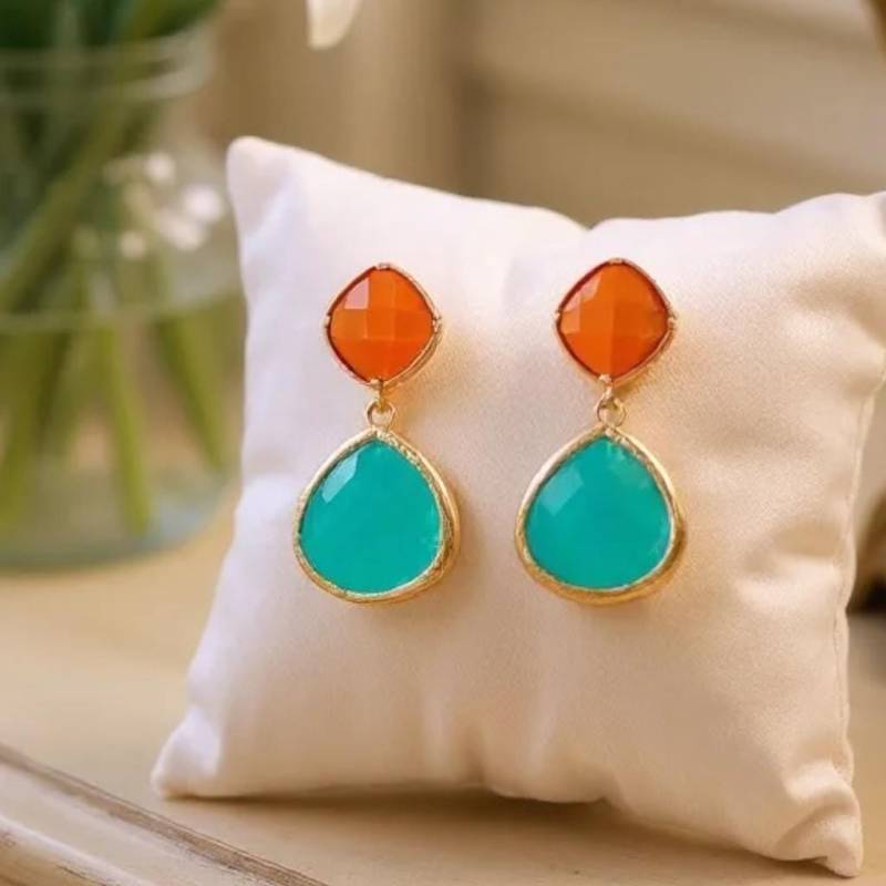 Orange Türkis Hängeohrringe Vergoldeter Brautschmuck von LaLaCrystal