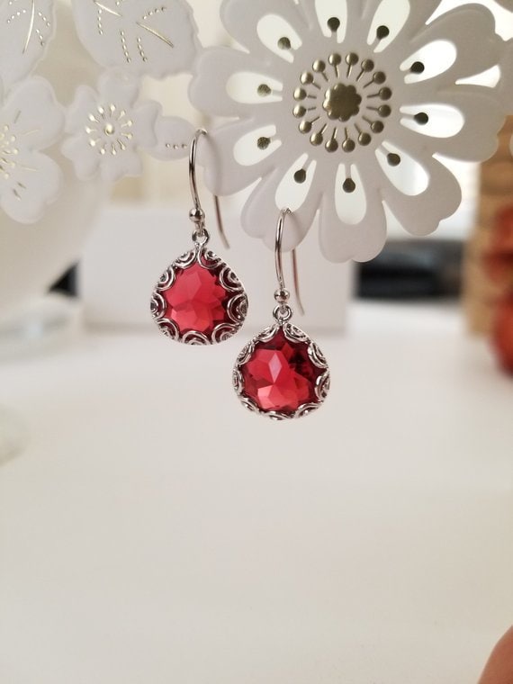 Rubin Ohrringe, Rot Silber Hochzeit Ohrring, Brautjungfer Brautschmuck Trauzeugin Geschenk von LaLaCrystal