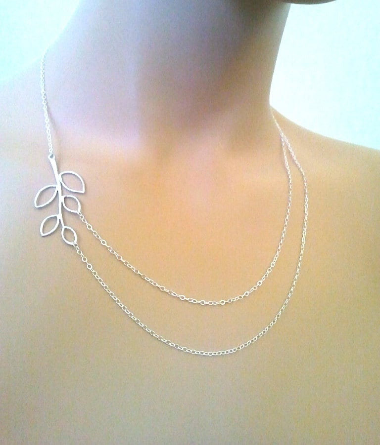 Silberne Blattzweig-Halskette Doppelstrang Lariat, Brautschmuck von LaLaCrystal