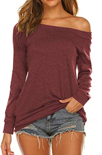 Lalala Oberteile Damen Langarm Elegant Bluse Off Shoulder Tunika Shirt (Weinrot,XL) von Lalala