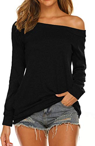 Lalala Damen Oberteile One Shoulder Top Langarmshirt Locker Bluse Shirt (Schwarz,L) von Lalala