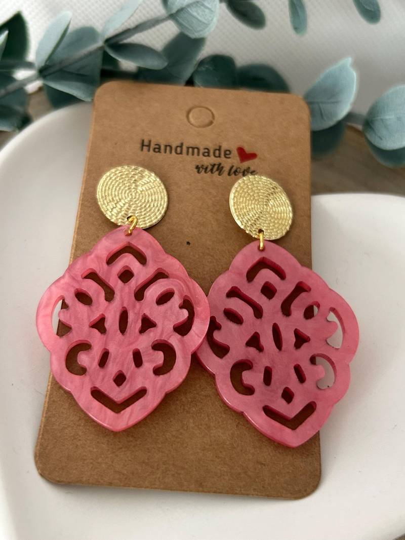 Ohrringe Gold, Resin, Barock, Rosa, Statement, Frauen, Geschenke, Resinschmuck, Epoxidharz von LaLaSolDesigns