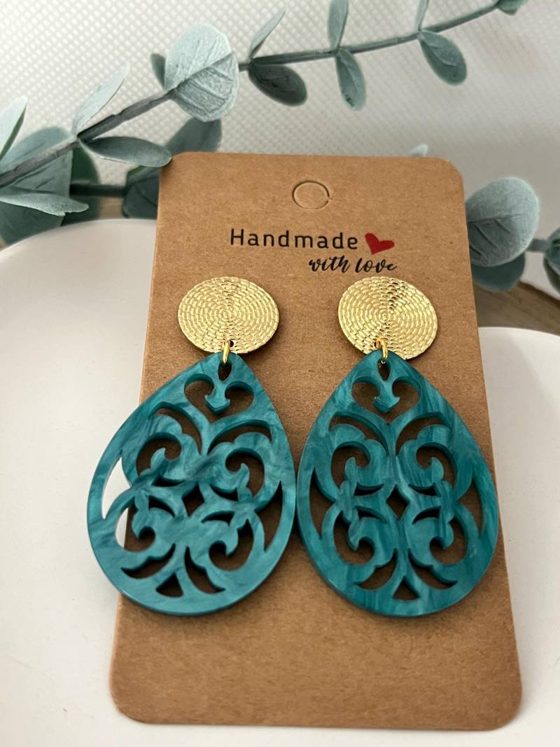 Ohrringe Gold, Resin, Barock, Türkis, Statement, Frauen, Geschenke, Resinschmuck, Epoxidharz von LaLaSolDesigns