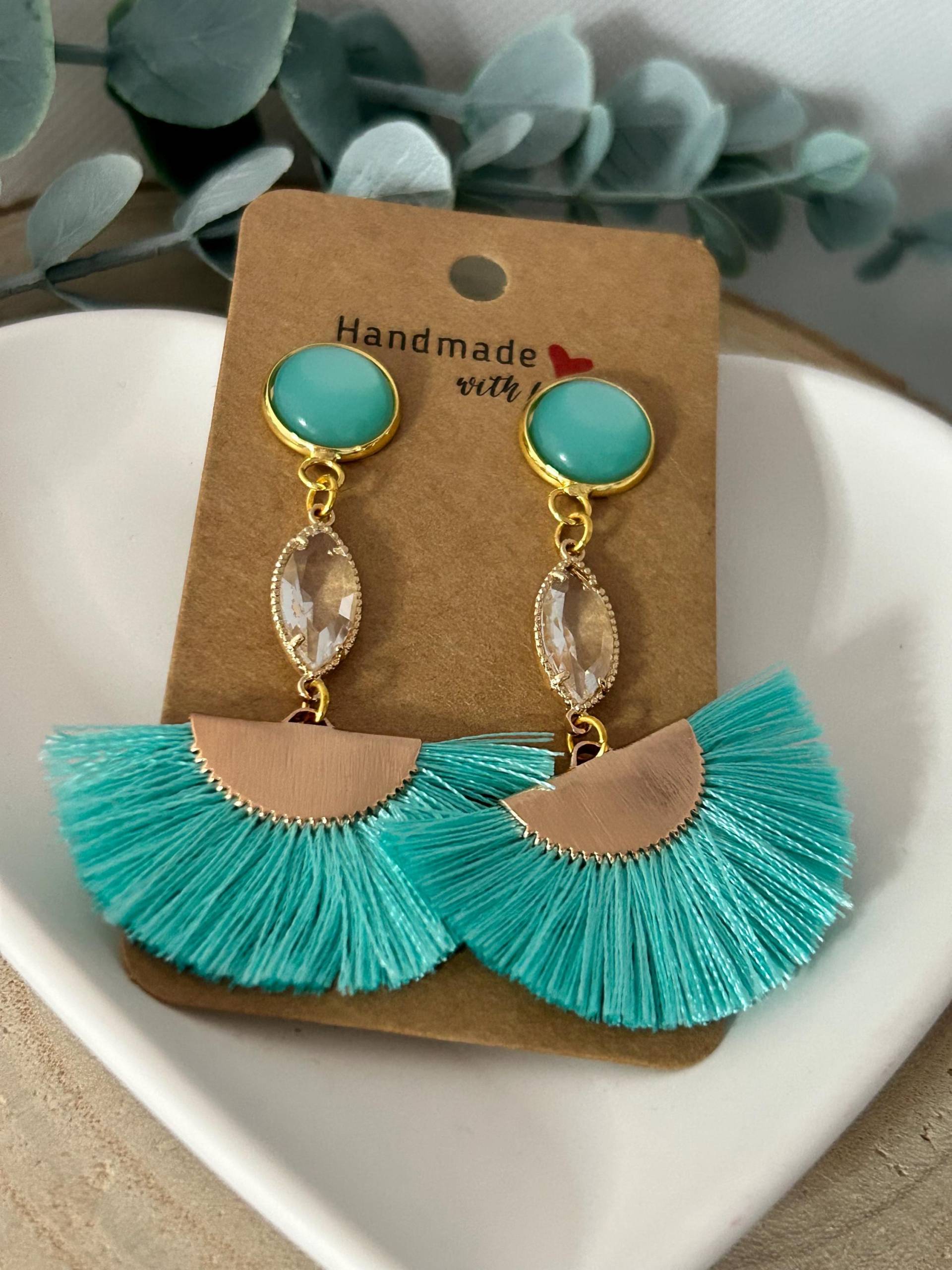 Ohrringe Mit Quaste, Tassel, Fächer Hellblau-Gold, Geschenke, Frauen, Boho Styl, Fächerquaste, Quastenohrringe, Handgemacht, Vintage von LaLaSolDesigns