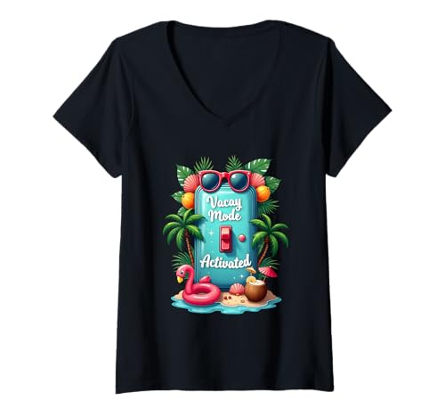 Damen Vacay Mode Activated – Tropical Summer Vibes Switch T-Shirt mit V-Ausschnitt Damen Vacay Mode Activated – Tropical Summer Vibes Switch T-Shirt mit V-Ausschnitt von LaLi Designs