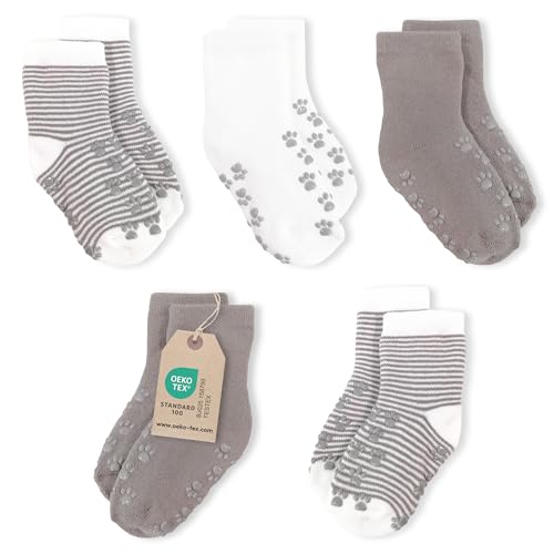 LaLoona Baby Socken Set Anti Rutsch - 5 Paar rutschfeste ABS Babysocken, hautfreundlich dank ÖKOTEX Standard 100 und hohem Baumwolle Anteil - Grau - Größe 17/18 von LaLoona baby bedding