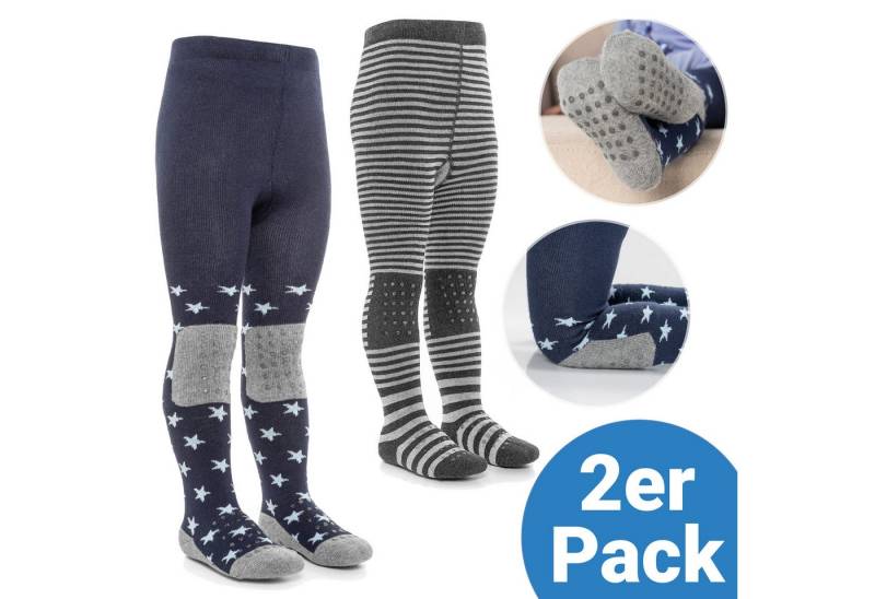 LaLoona Strumpfhose Sterne Marine & Streifen Grau 2x Baby Krabbelstrumpfhose mit ABS Sohle elastische Kinder Strumpfhose von LaLoona