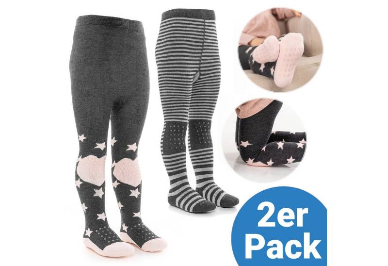 LaLoona Strumpfhose Sterne Rosa + Streifen Grau 2x Baby Krabbelstrumpfhose mit ABS Sohle elastische Kinder Strumpfhose von LaLoona