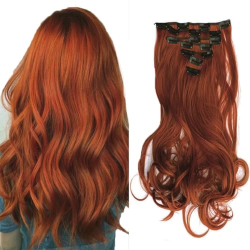 LaLuLoLi #119 Feuerrote Synthetische Haarsträhnen 7-teiliges Vollkopf-Set Lockige Wellige Haarverlängerung 20 Zoll 130g Lange Glatte Hitzebeständige Clip-in-Haare mit 16 Clips für Damen von LaLuLoLi
