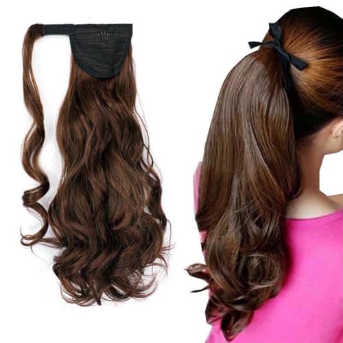 LaLuLoLi 18 Zoll Langer Lockiger Welliger Wickel-Ponytail-Haarteil Dunkelbraun mit Kastanienfarbe Magie-Paste-Synthetik-Ponytail-Haarextension für Frauen (100g, #4A/30B) von LaLuLoLi