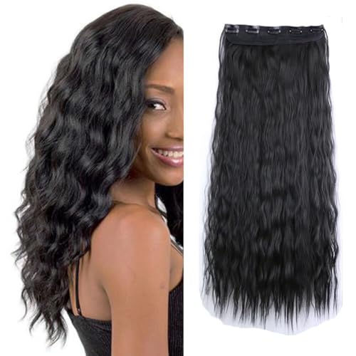 LaLuLoLi 2# Natürliches Schwarz 24" Lange Corn-Wave Lockige Wellige Einzelstück Synthetische Haarteile 110g Ganzkopf-Clip-in-Haarteil für Frauen Damen Mädchen Party Täglicher Gebrauch (5 Clips) von LaLuLoLi