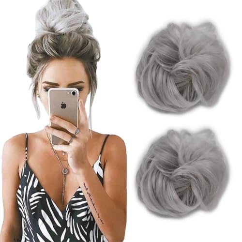 LaLuLoLi 2 Stück/Pack Frauen lockige chaotische Buns Scrunchie Perücken Haarverlängerungen Silber Farbe Wellige synthetische Updo lockige Haar Bun Party Haipieces (Silber) von LaLuLoLi