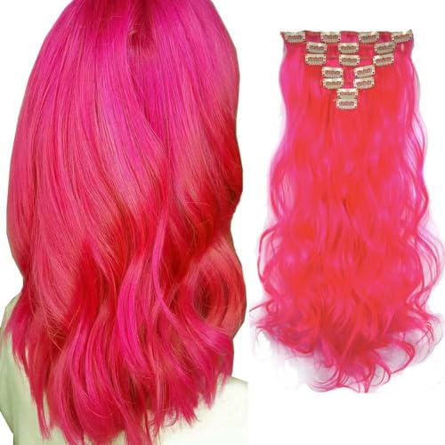 LaLuLoLi 20 Zoll knallpinke Clip-in-Haarteile, gewellte Locken, 7-teiliges Volllängen-Set, 100g synthetische Haarextensionen mit 16 Klammern für Damen Mädchen bei Cosplay-Events (#8C) von LaLuLoLi