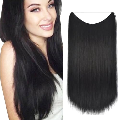 LaLuLoLi 22" Haarteil Synthetische Haarverlängerung Lange Geschmeidige Haarsträhnen Geheime Angelschnur mit unsichtbarem Faden Haarverlängerungen für Frauen 80g Farbe #1B von LaLuLoLi