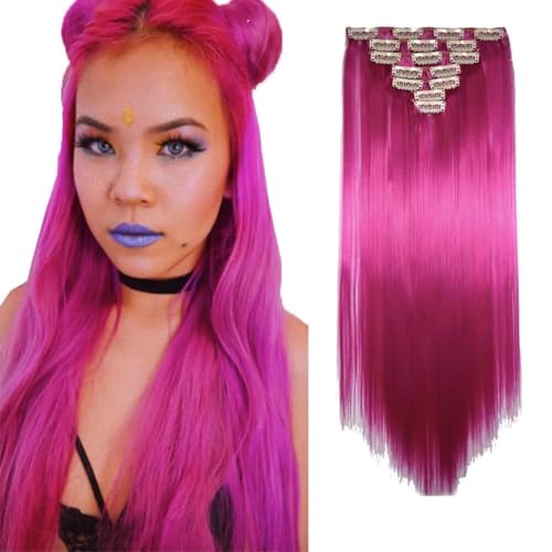 LaLuLoLi 22 Zoll 100g Gerades Synthetik-Haarteil #8D Schockrosa Haarverlängerung Clip-in 7-teiliges Vollkopf 16 Clips Haarverlängerungen Perücke für Damen Party Cosplay von LaLuLoLi
