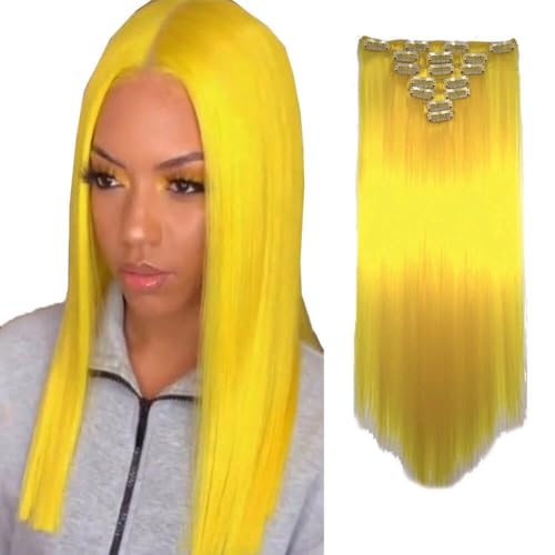 LaLuLoLi 22 Zoll 7-teiliges Vollkopf-Glattes Langhaar-Clip-in aus Synthetik-Haarverlängerungen #2C Gelb 16 Clips Haarteile 100g Dickes Clip-in Haarverlängerung für Damen und Mädchen von LaLuLoLi