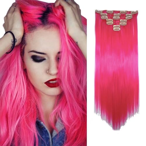 LaLuLoLi 22 Zoll Knallrosa Party Cosplay Gerades Haar Clip-in Verlängerungen 22 Zoll 100g Synthetische Haarteile 7-teiliges Vollkopf-Haarverlängerungsset 16 Clips für Damen (#8C-Knallrosa) von LaLuLoLi