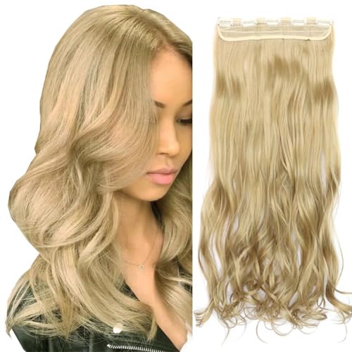 LaLuLoLi 24"/120g Hellblonde Clip-in-Synthetikhaarverlängerung Lange wellige Locken Glatt seidenweich 5 Clips Synthetikhaarverlängerungen für modische Damen von LaLuLoLi