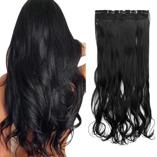 LaLuLoLi 24" 120g 1-Pack Lockige Welle Schwarze Haarfarbe 5 Clips Synthetische Haarextensionen Lange Hitzebeständige Freundliche Faser Haarteile für Frauen Schönheit Mädchen, Farbe #1 Haarteil von LaLuLoLi